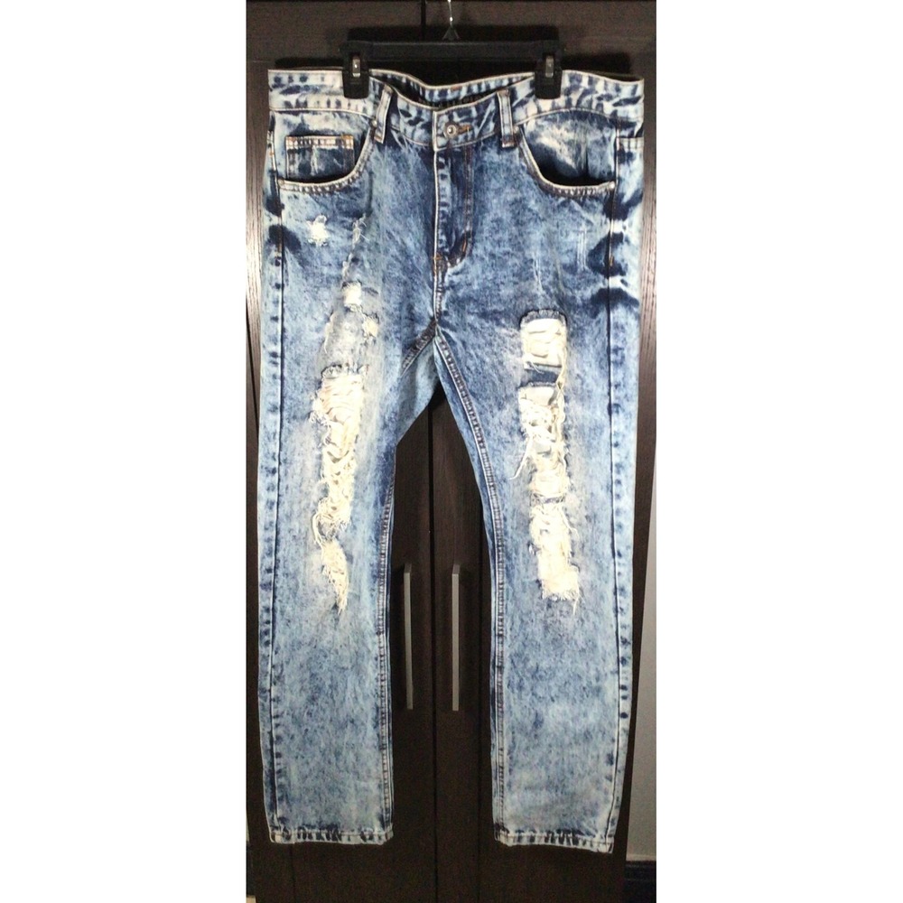Trillnation Mens Acid Wash Distressed Denim Jeans Blue Size 34 Shredded Denim